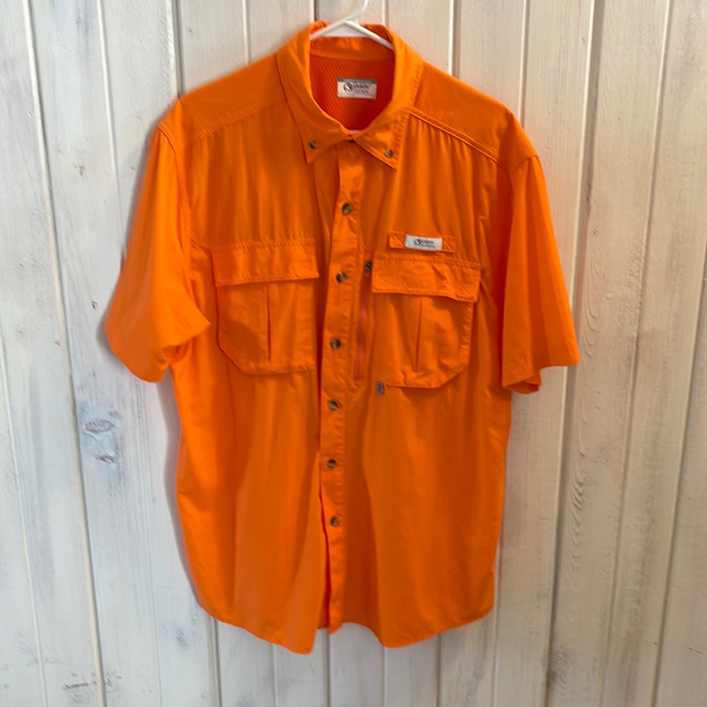 Orange Gander Mountain short sleeve fishing shirt. Size L. Small little hole.